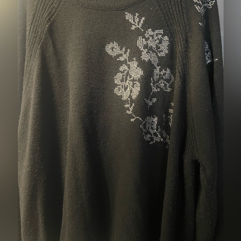 Black long sleeved sweater, silver floral cross stitch pattern 3x Woman Within